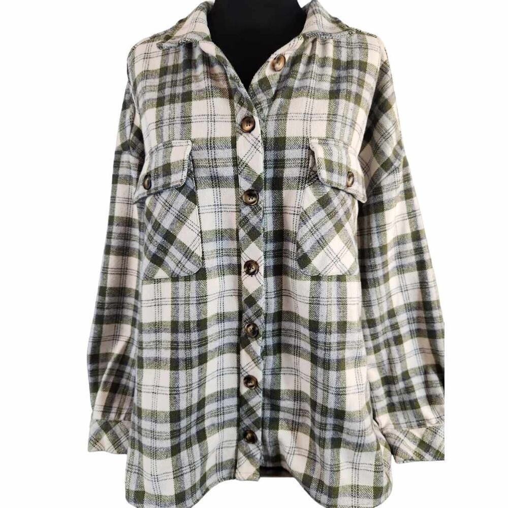 Cotton Bleu Plaid Flannel Shirt Womens Large Olive Green Cream Shacket button up